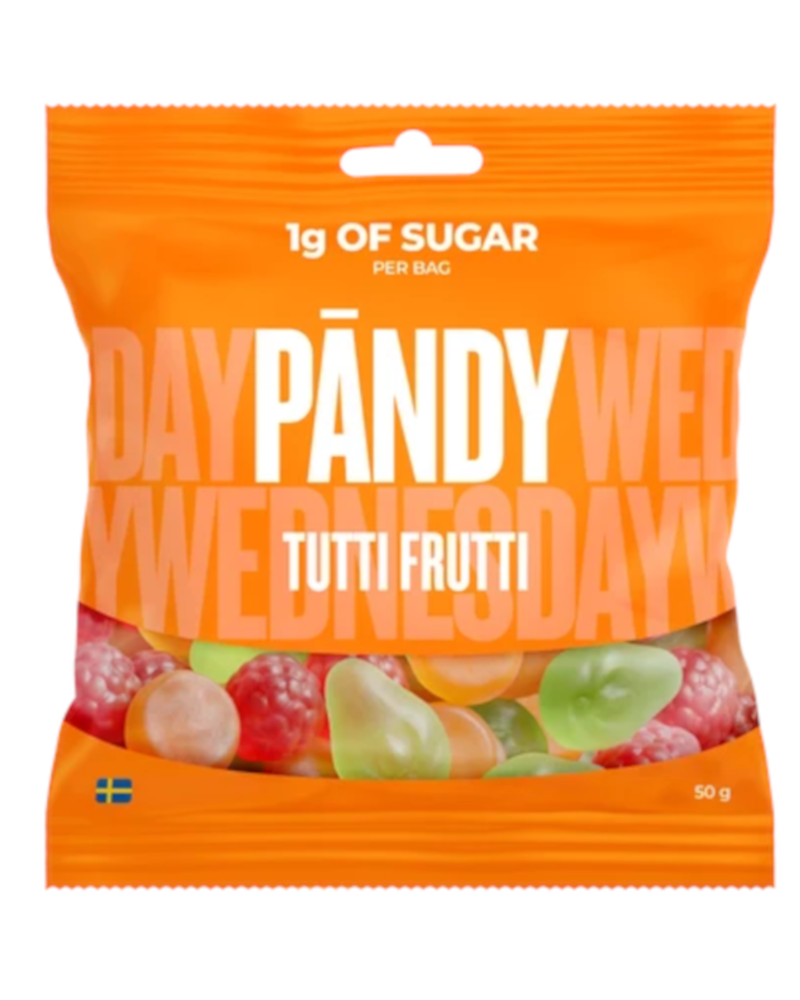 Orange 50g bag of Pandy Tutti Frutti gummy sweets, with colourful fruit-shaped sweets visible through the clear window.