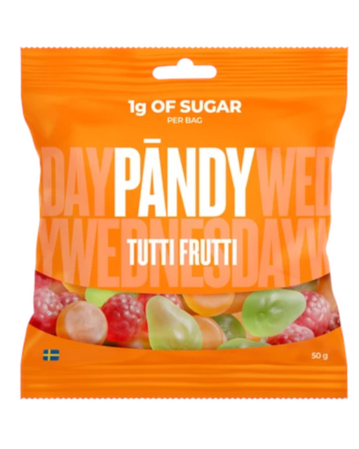 Orange 50g bag of Pandy Tutti Frutti gummy sweets, with colourful fruit-shaped sweets visible through the clear window.