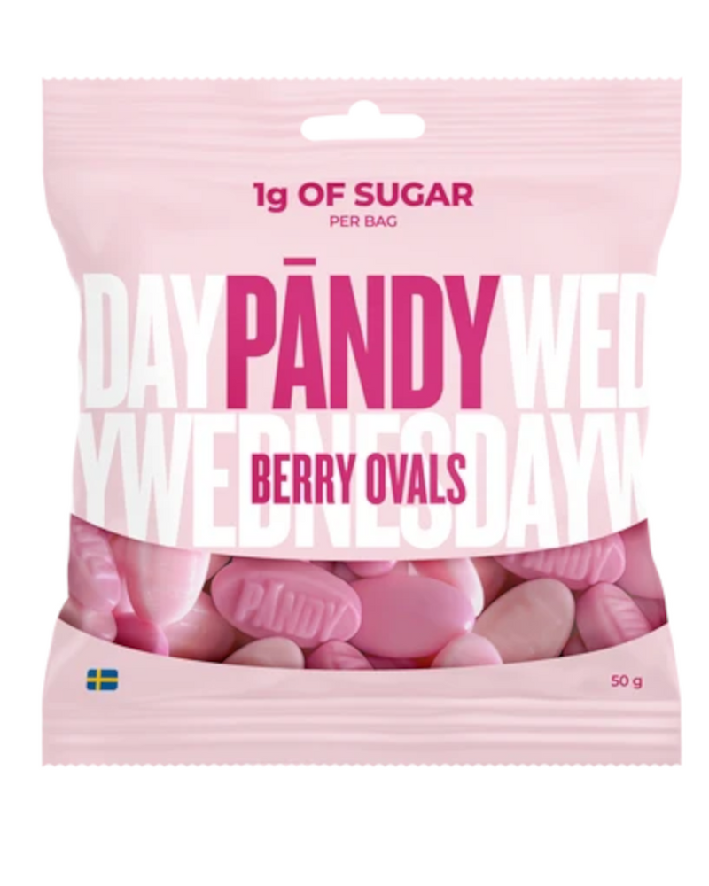 A 50g bag of Pandy Berry Ovals candy. The packaging is light pink with a clear window at the bottom showing the pink oval candies inside.