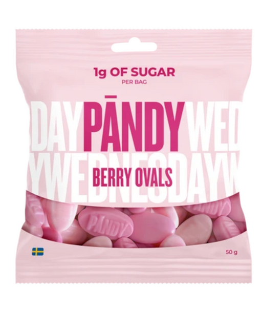 A 50g bag of Pandy Berry Ovals candy. The packaging is light pink with a clear window at the bottom showing the pink oval candies inside.