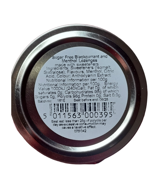 The bottom circular lid of a tin of sugar free frog in your throat, showing printed product information including ingredients, nutritional facts, and a barcode on a dark reddish-brown surface.