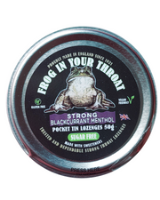 A round metal tin of sugar free frog in Your Throat Strong Blackcurrant-Menthol Pocket Tin Lozenge 50g, featuring a black label with a frog illustration and product details on a white background.
