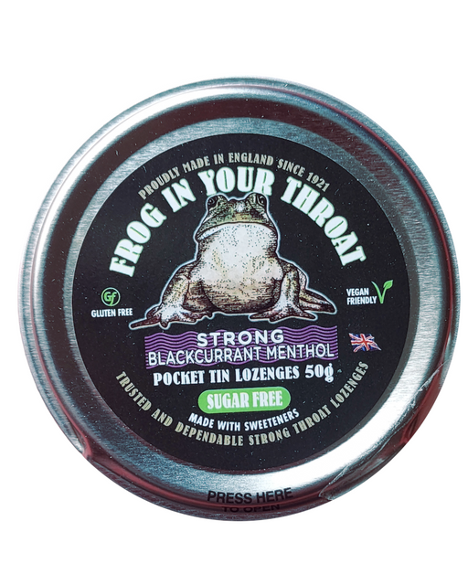 A round metal tin of sugar free frog in Your Throat Strong Blackcurrant-Menthol Pocket Tin Lozenge 50g, featuring a black label with a frog illustration and product details on a white background.