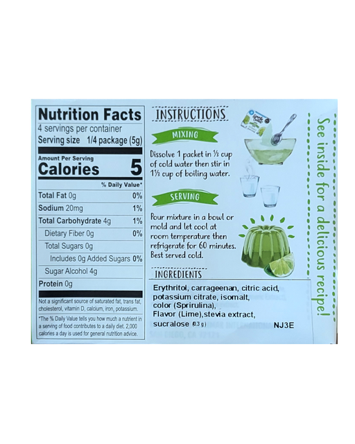Nutrition facts label and instructions for a lime jelly product on a white background