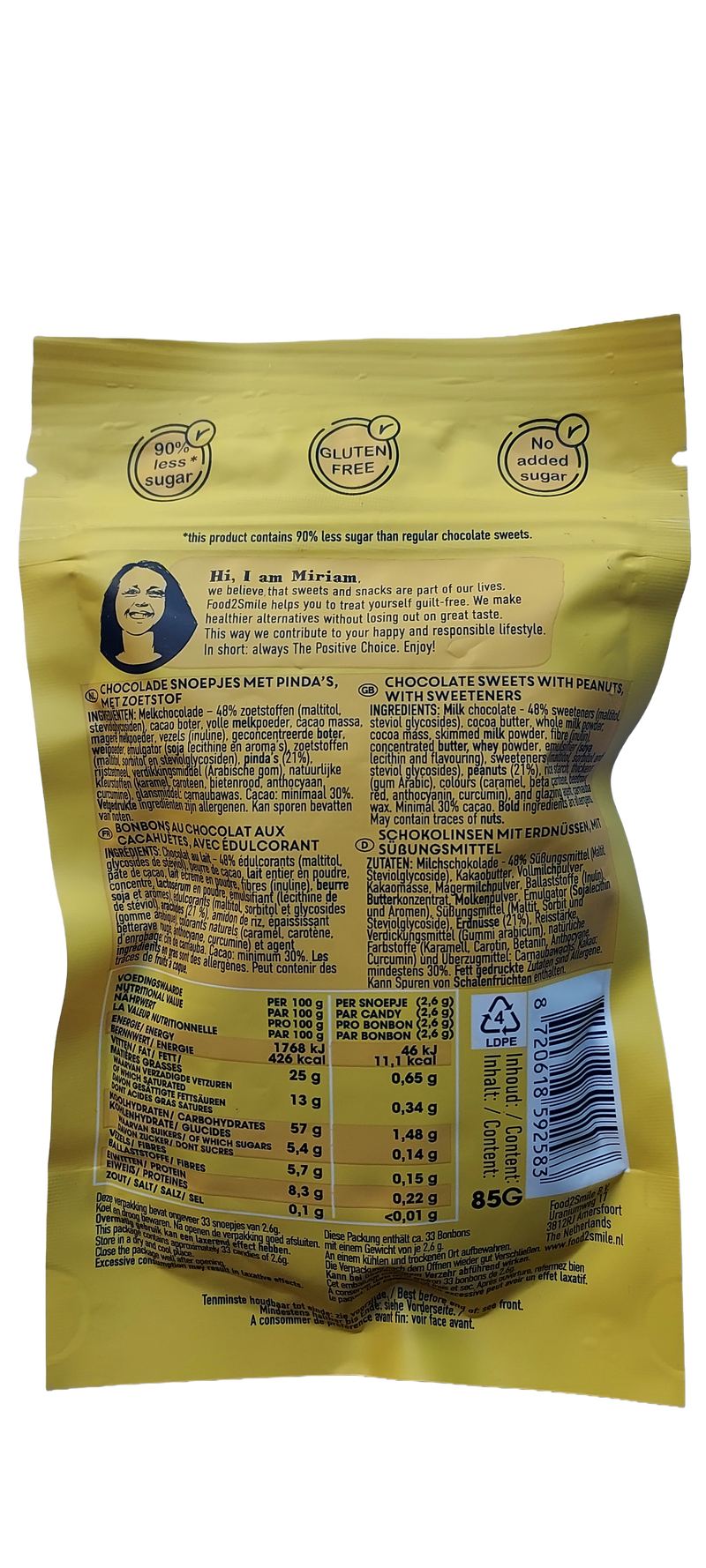 Yellow package with nutritional information and branding on a white background