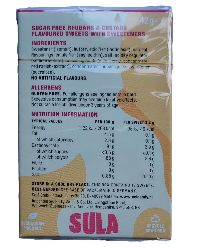 Sula Rhubarb and custard packet back