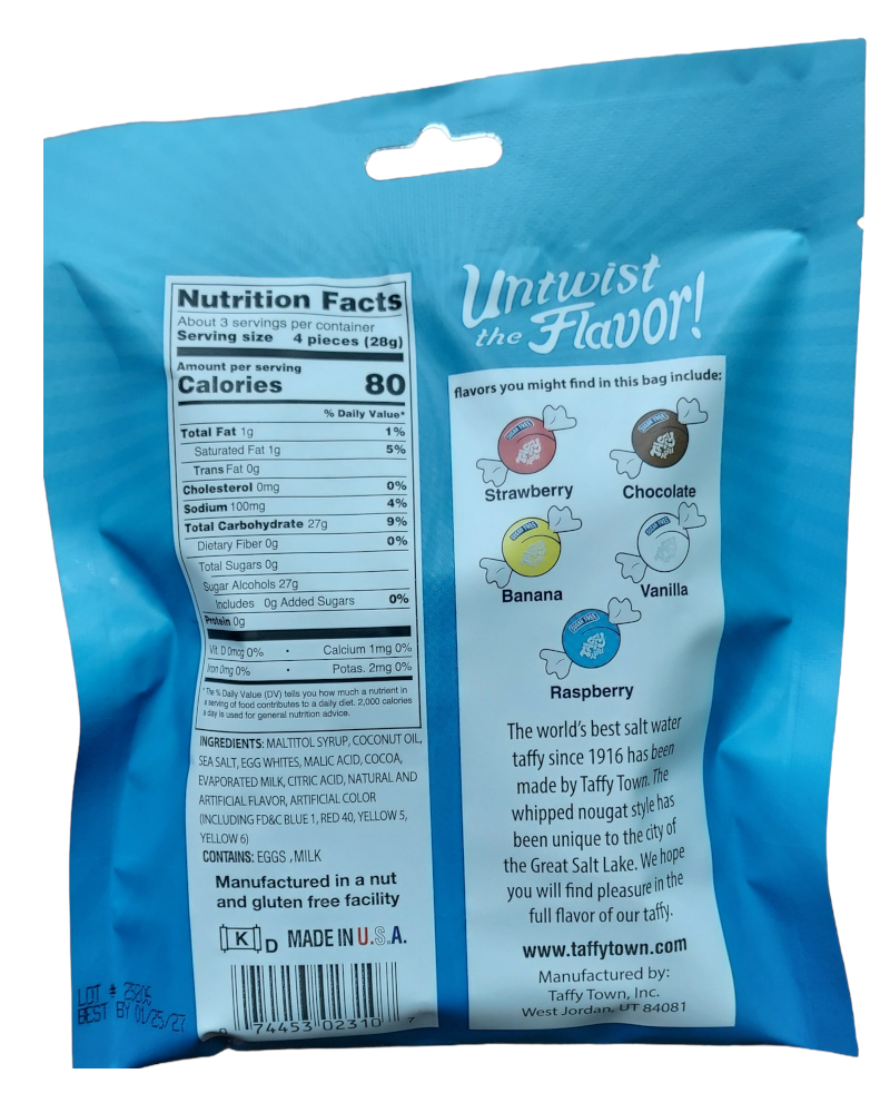 Taffy Town Sugar Free packet Back