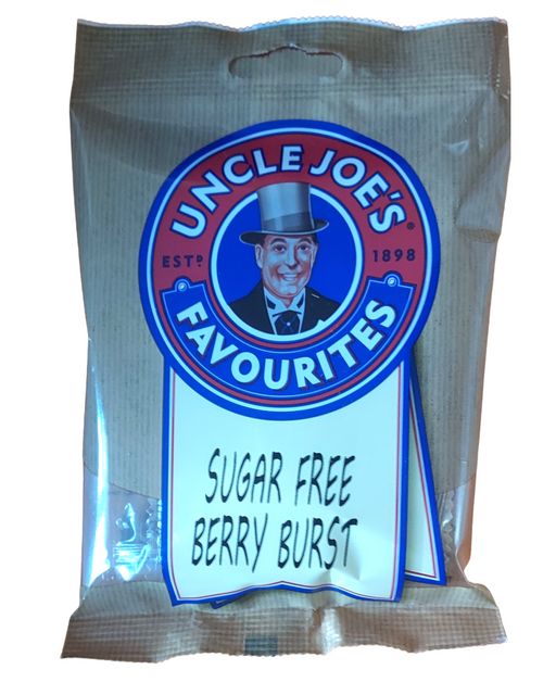 Uncle Joe's Favourites sugar-free berry burst snack package on a white background