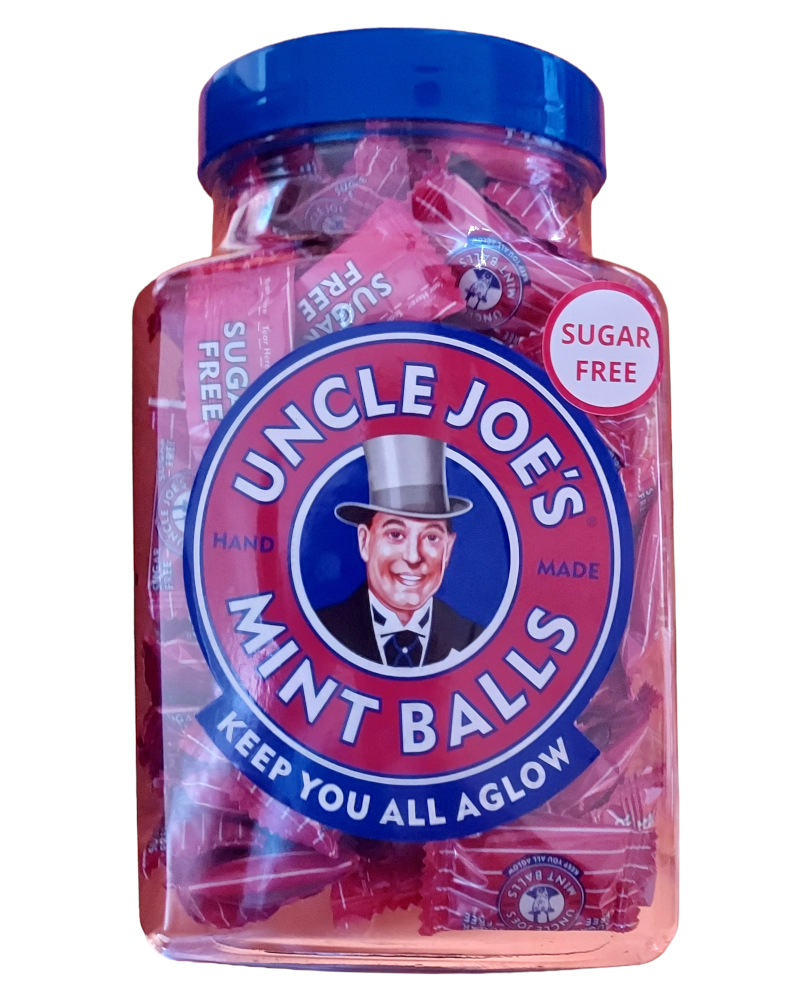 Jar of Uncle Joe's Mint Balls with blue lid and label on a white background