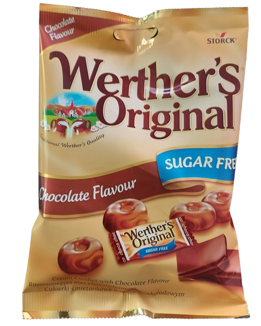 A bag of Werther's Original Sugar Free Chocolate Flavour featuring the brand's classic cream and brown packaging with illustrations of chocolate-covered cookies.