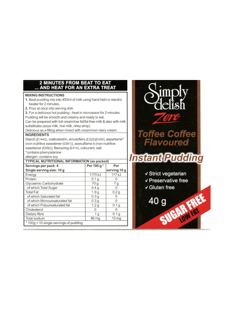 Delish Sugar Free Toffee Coffee Flavoured Instant Pudding packet back
