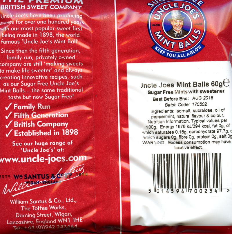 Uncle Joe's  Sugar free Mint Balls back