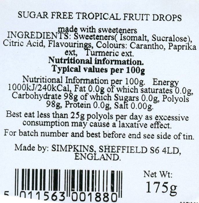 Simpkins Sugar free Tropical travel fruit sweets nutritional info