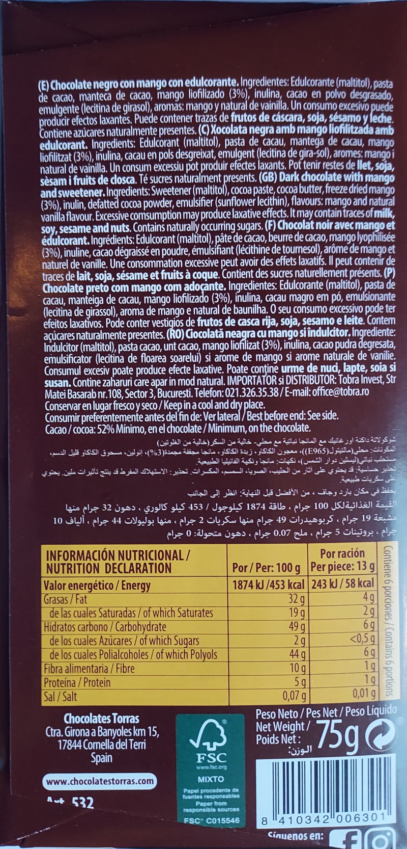 Torras Dark Chocolate with Mango  Packet back