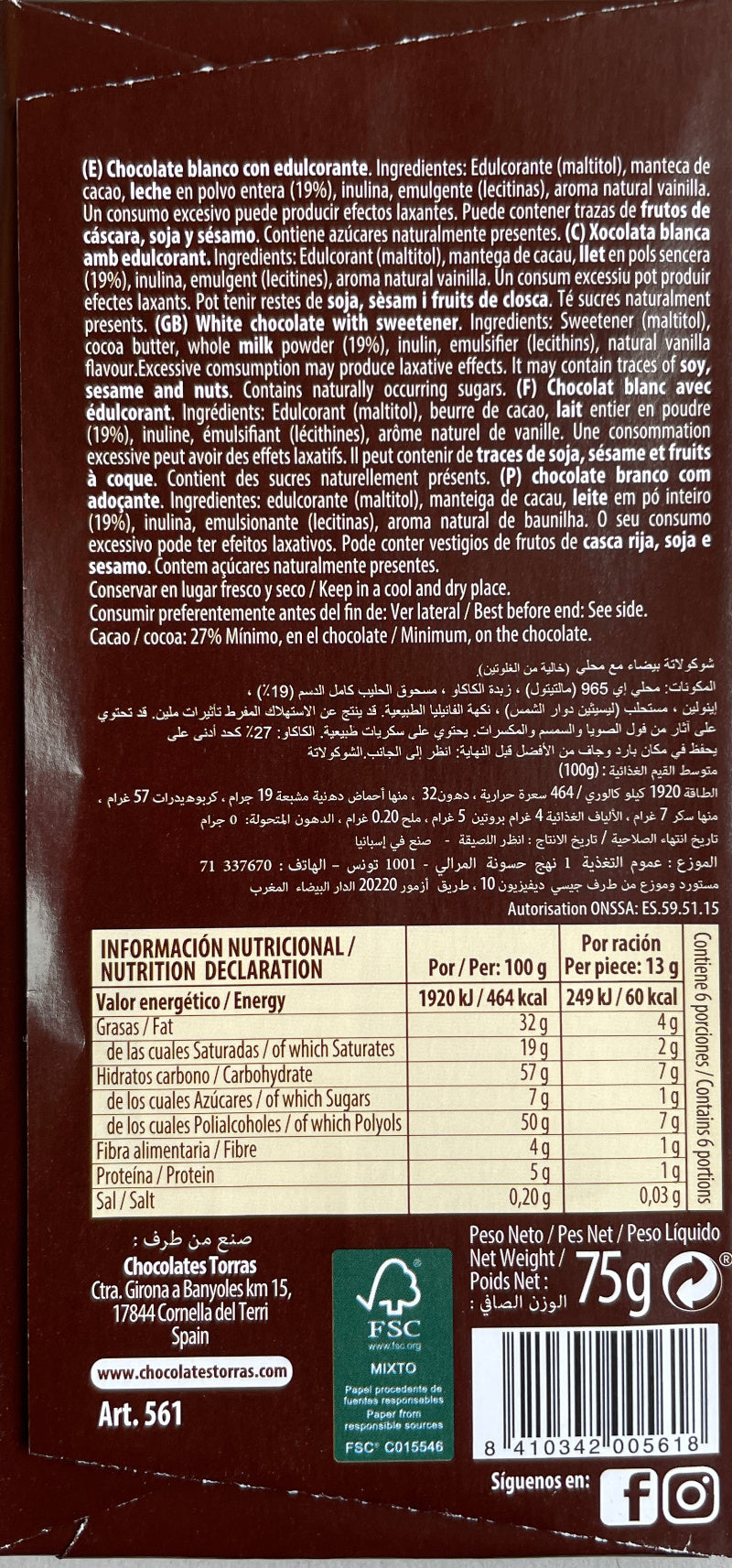 Torras White chocolate (NAS) packet back
